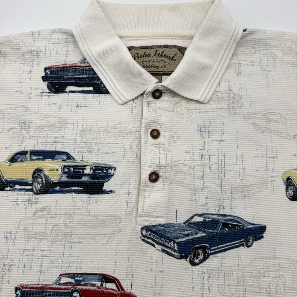 Palm Island Polo Shirt Mens L Cream Classic Muscle Car AOP Cotton Retro